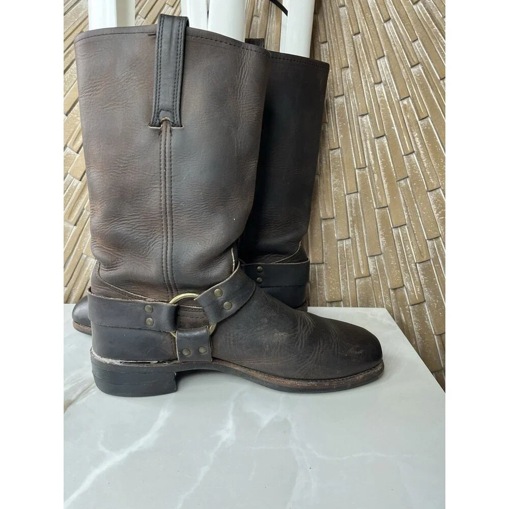 Vtg Frye Harnes Tall Moto Cowboy Boots Leather Brown Sz 10.5 Men